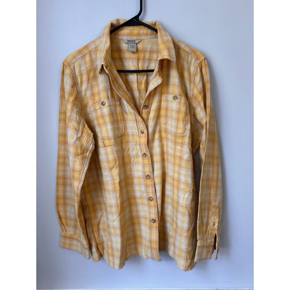 Duluth Trading Co Yellow Plaid Free Swingin Flannel Shirt Womens Large 3237-30